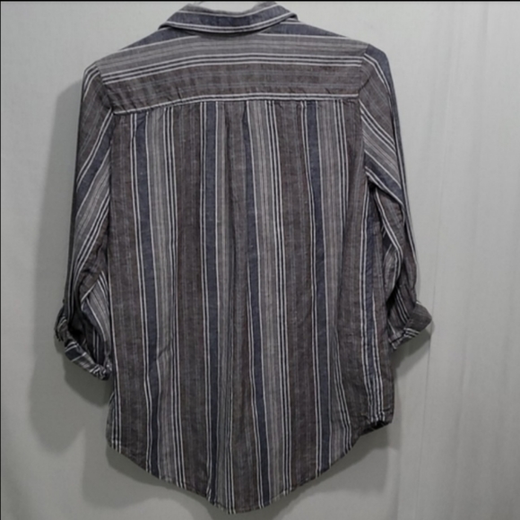 Ellen Tracy Button Down Shirt Linen Blend Chest Pockets Striped Collar - Picture 4 of 5